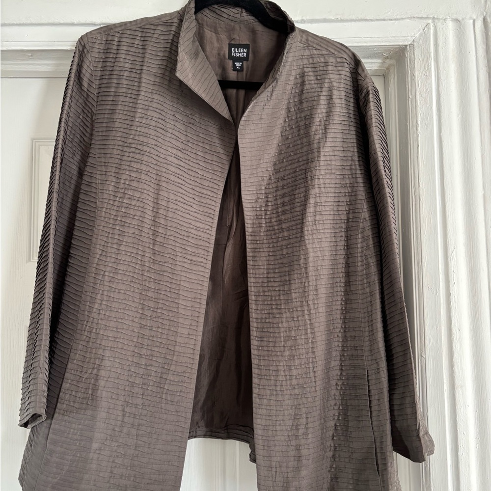 Eileen Fisher Taupe Quilted Open-Front Blazer